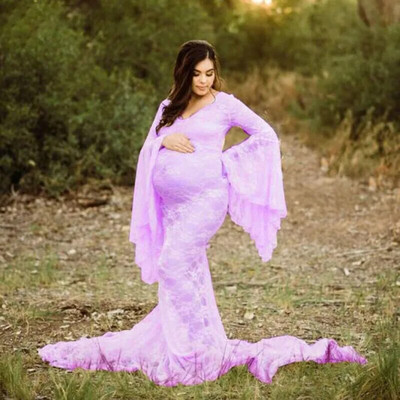 Hõlmavate varrukatega valge pitsiline maksikleit rasedaksleit Seksikas V-kaelusega raseduskleit fotosessiooniks Pikkade varrukatega rasedakleit naistele