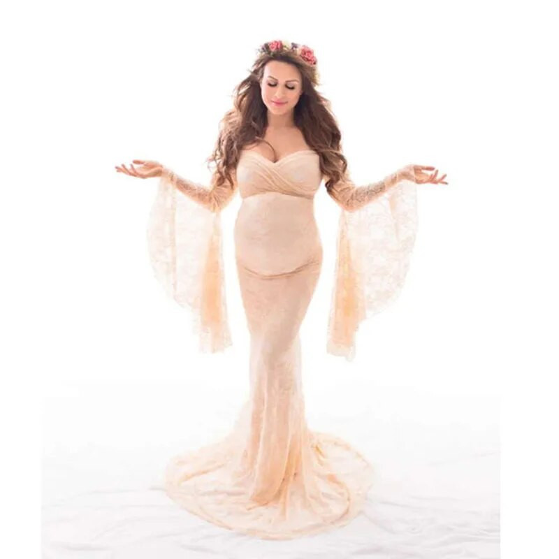 Hõlmavate varrukatega valge pitsiline maksikleit rasedaksleit Seksikas V-kaelusega raseduskleit fotosessiooniks Pikkade varrukatega rasedakleit naistele