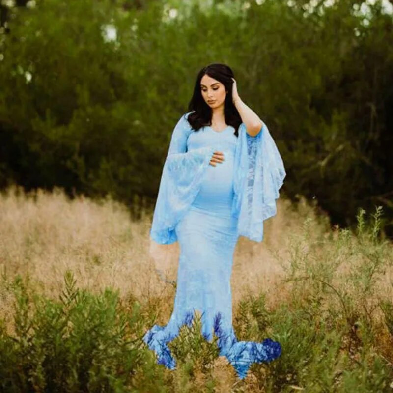 Hõlmavate varrukatega valge pitsiline maksikleit rasedaksleit Seksikas V-kaelusega raseduskleit fotosessiooniks Pikkade varrukatega rasedakleit naistele