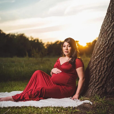 Puuvillased Maxi rasedate kleidid rasedate naiste fotosessiooniks Seksika V kaelusega lühikeste varrukatega pikkade raseduskleidide fotograafia rekvisiidid