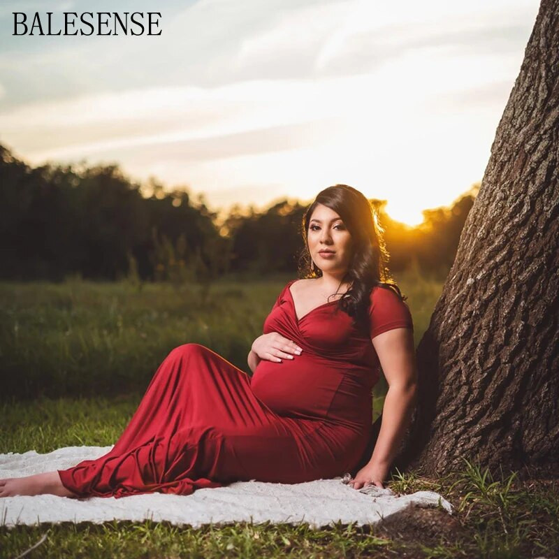 Puuvillased Maxi rasedate kleidid rasedate naiste fotosessiooniks Seksika V kaelusega lühikeste varrukatega pikkade raseduskleidide fotograafia rekvisiidid