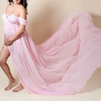 Φορέματα εγκυμοσύνης για φωτογράφιση Split σιφόν φόρεμα εγκυμοσύνης Long Train σέξι φόρεμα ώμου Φορέματα φωτογραφίας εγκυμοσύνης