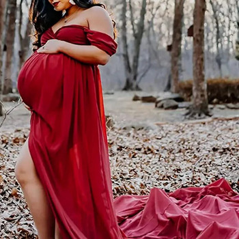 Φορέματα εγκυμοσύνης για φωτογράφιση Split σιφόν φόρεμα εγκυμοσύνης Long Train σέξι φόρεμα ώμου Φορέματα φωτογραφίας εγκυμοσύνης