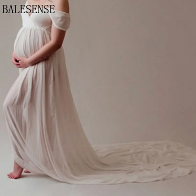 Grūtnieču kleitas fotosesijai Sadalīta šifona grūtnieču kleita, gara vilciena seksīga kleita no pleciem Grūtniecības fotografēšanas kleitas