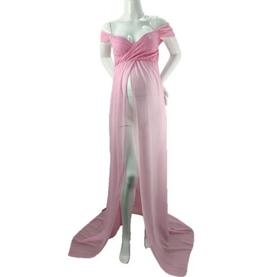 Grūtnieču kleitas fotosesijai Sadalīta šifona grūtnieču kleita, gara vilciena seksīga kleita no pleciem Grūtniecības fotografēšanas kleitas