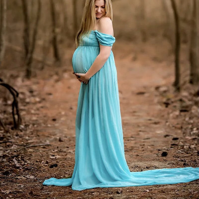 Grūtnieču kleitas fotosesijai Sadalīta šifona grūtnieču kleita, gara vilciena seksīga kleita no pleciem Grūtniecības fotografēšanas kleitas