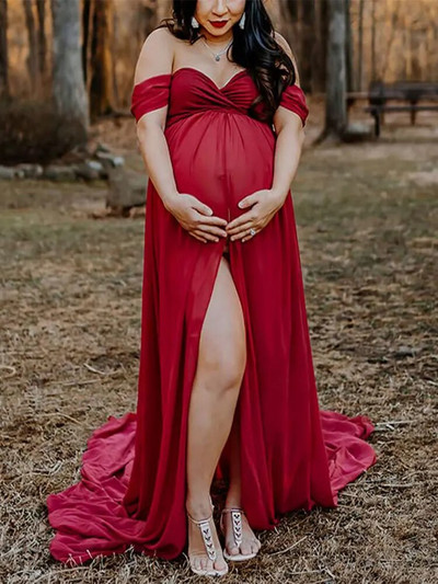 Grūtnieču kleitas fotosesijai Sadalīta šifona grūtnieču kleita, gara vilciena seksīga kleita no pleciem Grūtniecības fotografēšanas kleitas