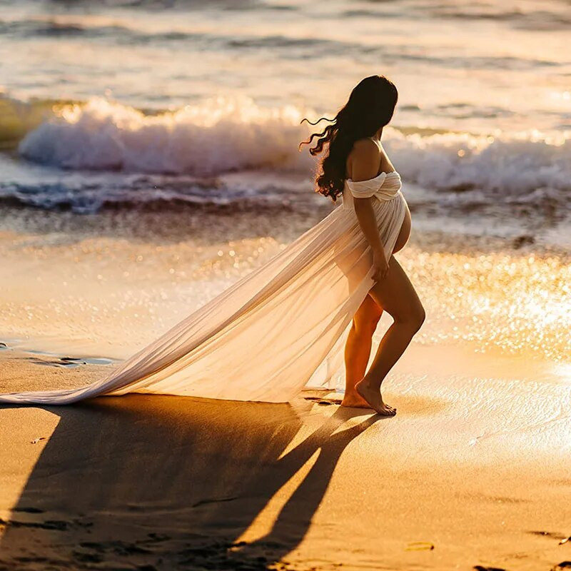 Grūtnieču kleitas fotosesijai Sadalīta šifona grūtnieču kleita, gara vilciena seksīga kleita no pleciem Grūtniecības fotografēšanas kleitas