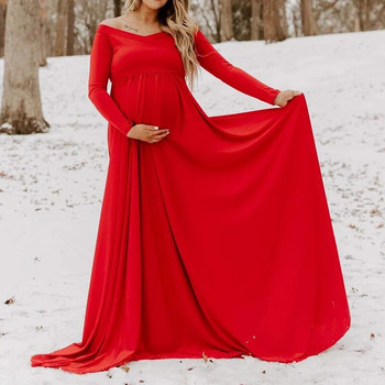 Μαξί φορέματα εγκυμοσύνης εκτός ώμου για φωτογραφική λήψη μακρυμάνικα έγκυες γυναίκες Baby shower Photography Props Φόρεμα έγκυες γυναίκες