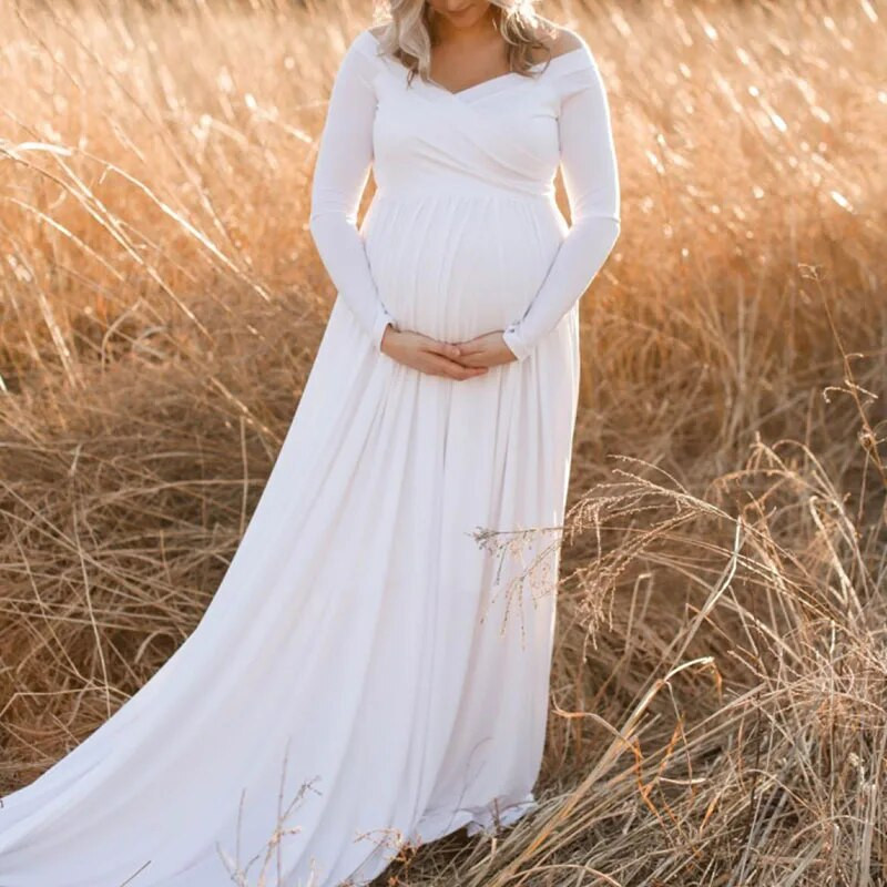 Rasedate õlgadeta maksikleidid fotosessiooniks pikkade varrukatega rasedatele naistele beebide duši all pildistamise rekvisiidid, kleit rasedatele naistele