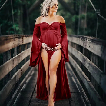 Φόρεμα εγκυμοσύνης για φωτογραφική λήψη Σέξι φορέματα με φουσκωτά μανίκια χωρίς ώμο για έγκυες Maxi φόρεμα για φωτογραφία εγκυμοσύνης
