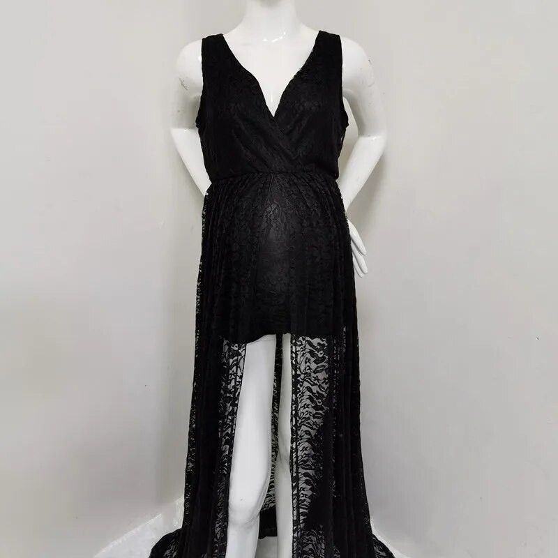 Φορέματα εγκυμοσύνης Photoshoot Lace Bodysuit Maxi Split Baby Shower Dress για έγκυες Σέξι αμάνικη φωτογραφία εγκυμοσύνης