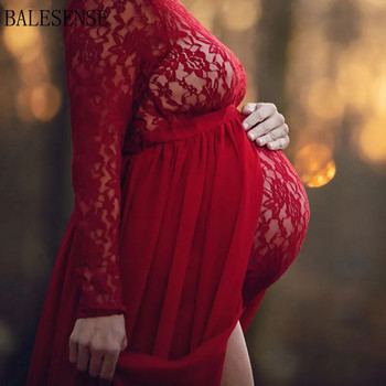 Δαντελένια φορέματα εγκυμοσύνης για φωτογραφική λήψη Κομψό μακρυμάνικο ολόσωμο + ψηλό σχιστό φόρεμα εγκυμοσύνης μάξι φόρεμα ντους μωρού