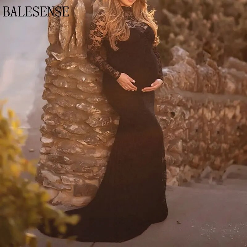 Nėriniuota suknelė, skirta fotosesijai, ilgomis rankovėmis, maksimaliai didelė suknelė, skirta kūdikio vakarėliui. Motinystės rūbai Nėštumo fotografavimo suknelė