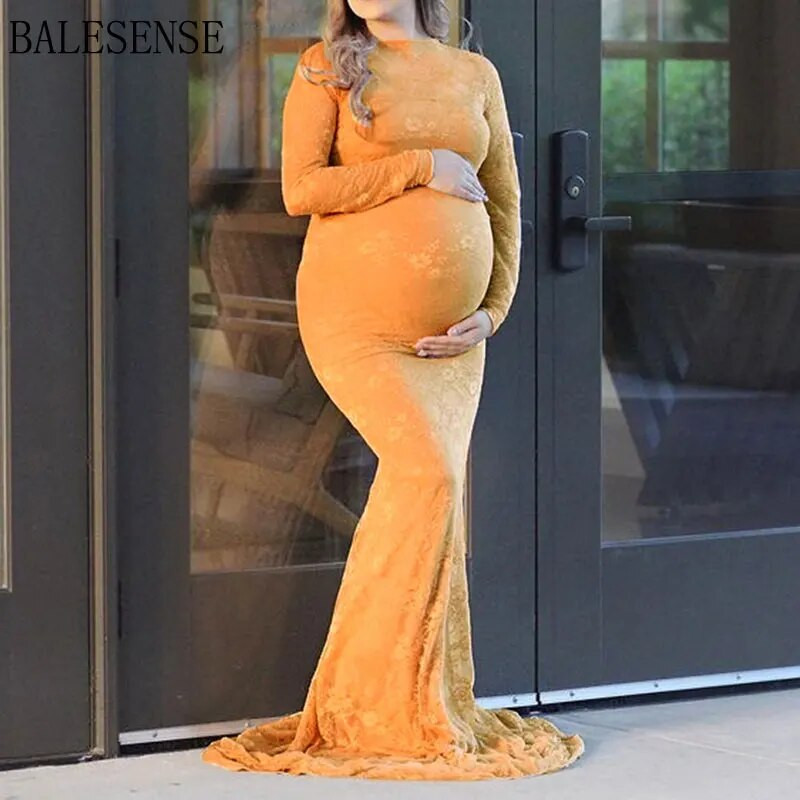 Nėriniuota suknelė, skirta fotosesijai, ilgomis rankovėmis, maksimaliai didelė suknelė, skirta kūdikio vakarėliui. Motinystės rūbai Nėštumo fotografavimo suknelė