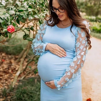 Φορέματα εγκυμοσύνης Photoshoot Φόρεμα με λουλουδάτο διχτυωτό μακρυμάνικο Φόρεμα εγκυμοσύνης Midi Φόρεμα Maternity Bodycon Φόρεμα για Baby Shower