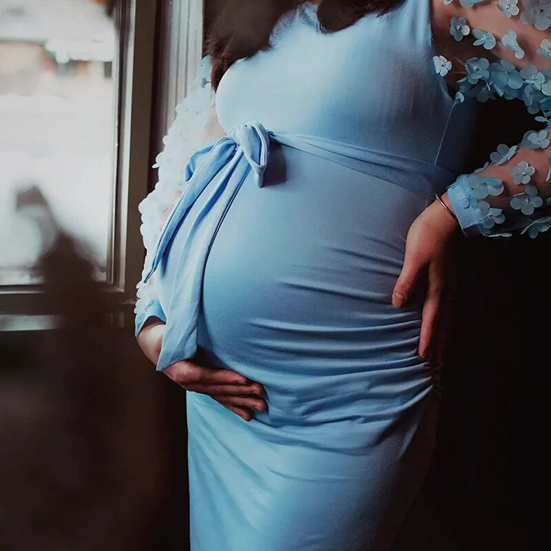 Rasedate fotosessiooni kleidid Lillelise võrguga pikkade varrukatega rasedusfotograafia Midi-kleit Raseduse kehakleit beebiõhtu jaoks