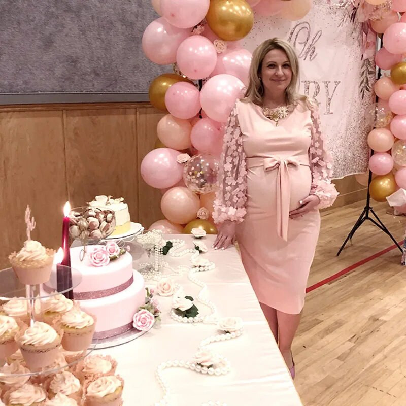 Rasedate fotosessiooni kleidid Lillelise võrguga pikkade varrukatega rasedusfotograafia Midi-kleit Raseduse kehakleit beebiõhtu jaoks