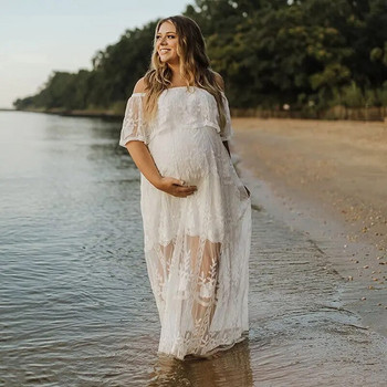 Δαντελένια φορέματα εγκυμοσύνης Photoshoot Σέξι φόρεμα μάξι ώμου για φωτογραφία εγκυμοσύνης Boho λευκό φόρεμα γάμου για έγκυες