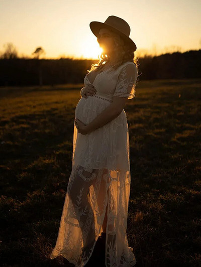 Nėriniuotos suknelės nėštukėms Fotosesija Seksuali nuo peties Maxi nėštumo fotografavimo suknelė Boho balta vestuvinė suknelė nėščiosioms