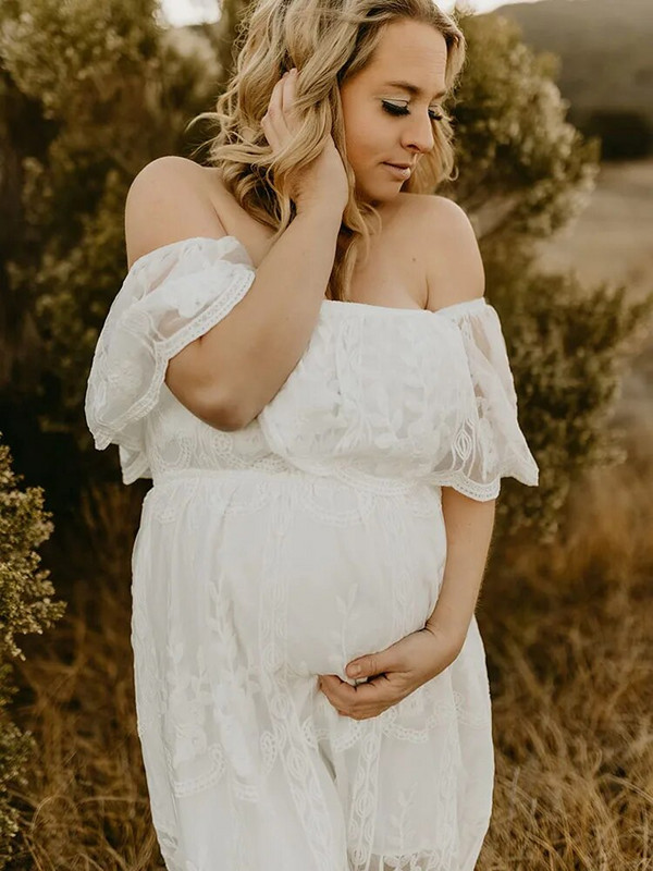 Nėriniuotos suknelės nėštukėms Fotosesija Seksuali nuo peties Maxi nėštumo fotografavimo suknelė Boho balta vestuvinė suknelė nėščiosioms