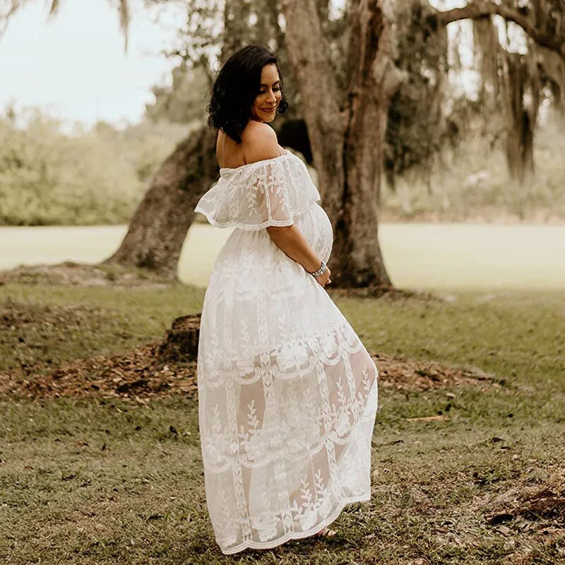 Nėriniuotos suknelės nėštukėms Fotosesija Seksuali nuo peties Maxi nėštumo fotografavimo suknelė Boho balta vestuvinė suknelė nėščiosioms