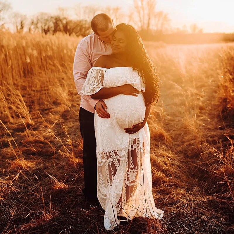 Nėriniuotos suknelės nėštukėms Fotosesija Seksuali nuo peties Maxi nėštumo fotografavimo suknelė Boho balta vestuvinė suknelė nėščiosioms