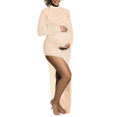 Grūtnieču fotosesijas kleita grūtniecēm Rhinestone Bodycon Mesh Zīdaiņu dušas kleita ar garām piedurknēm Seksīga caurredzama Maxi kleita