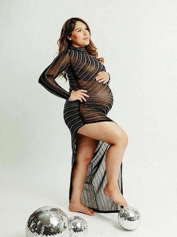 Grūtnieču fotosesijas kleita grūtniecēm Rhinestone Bodycon Mesh Zīdaiņu dušas kleita ar garām piedurknēm Seksīga caurredzama Maxi kleita