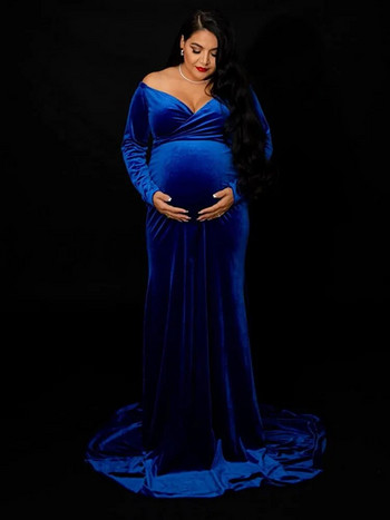 Velvet Maternity Off Shoulder Fitted Gown Maxi Dresses for Photo Shoot Φόρεμα φωτογραφίας εγκυμοσύνης με μακριά μανίκια για baby shower