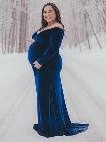 Velvet Maternity Off Shoulder Fitted Gown Maxi Dresses for Photo Shoot Φόρεμα φωτογραφίας εγκυμοσύνης με μακριά μανίκια για baby shower