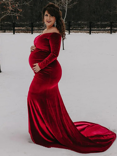 Velveta grūtnieču kleita ar garām pleciem pieguļoša kleita fotosesijai ar garām piedurknēm Grūtniecības fotografēšanas kleita bērnu dušai