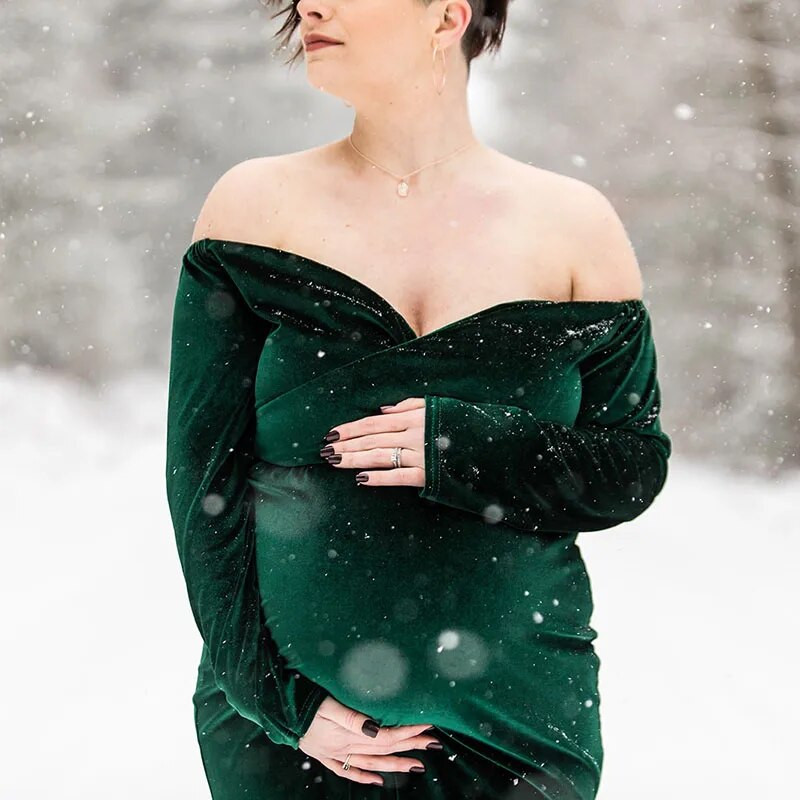 Velveta grūtnieču kleita ar garām pleciem pieguļoša kleita fotosesijai ar garām piedurknēm Grūtniecības fotografēšanas kleita bērnu dušai