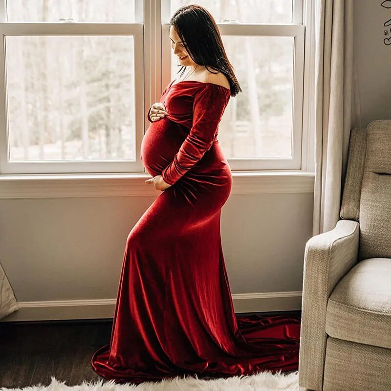 Velveta grūtnieču kleita ar garām pleciem pieguļoša kleita fotosesijai ar garām piedurknēm Grūtniecības fotografēšanas kleita bērnu dušai