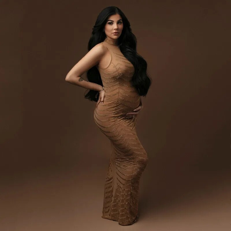 Rasedate fotograafia kleit Seksikas varrukateta Rhinestone`i fotosessioonikleit beebiõhtuks Raseduse päitsetega veniv kehakleit