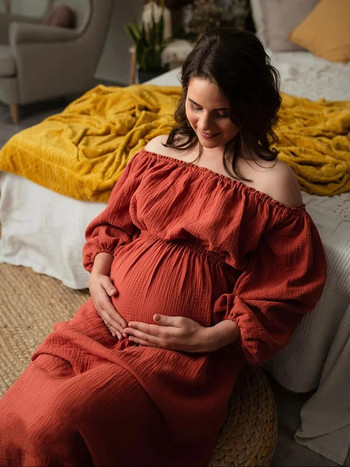 Boho Maternity Photo Shoot Μακριά Φορέματα Κομψά βαμβακερά λαιμόκοψη Μποέμικα φορέματα εγκυμοσύνης για έγκυες γυναίκες Photography Prop