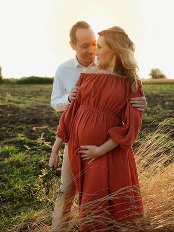 Boho Maternity Photo Shoot Μακριά Φορέματα Κομψά βαμβακερά λαιμόκοψη Μποέμικα φορέματα εγκυμοσύνης για έγκυες γυναίκες Photography Prop