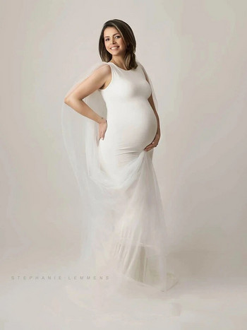 Φορέματα για φωτογραφία εγκυμοσύνης Λευκά μάξι μακριά φορέματα με διχτυωτό μανδύα Φορέματα εγκυμοσύνης για φωτογράφιση ντους εγκύων μωρών