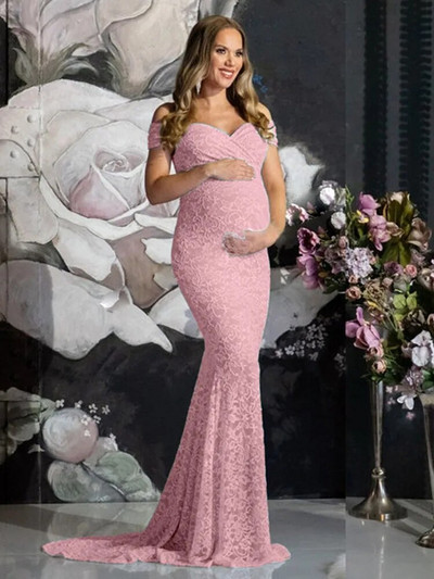 Elegantne čipkaste trudničke haljine za fotografiranje, haljina s otvorenim ramenima i kratkim rukavima za trudničke zabave, duga haljina za trudnice za Baby Shower