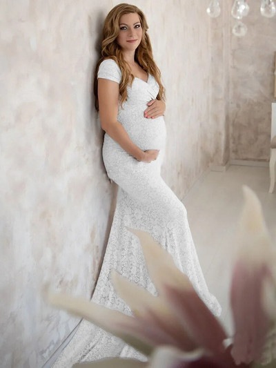 Elegantne čipkaste trudničke haljine za fotografiranje, haljina s otvorenim ramenima i kratkim rukavima za trudničke zabave, duga haljina za trudnice za Baby Shower