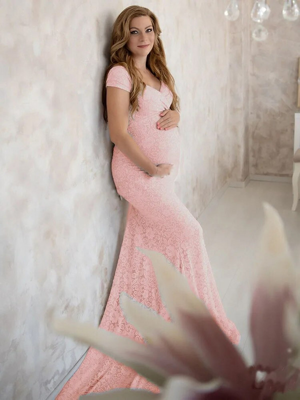 Elegantne čipkaste trudničke haljine za fotografiranje, haljina s otvorenim ramenima i kratkim rukavima za trudničke zabave, duga haljina za trudnice za Baby Shower