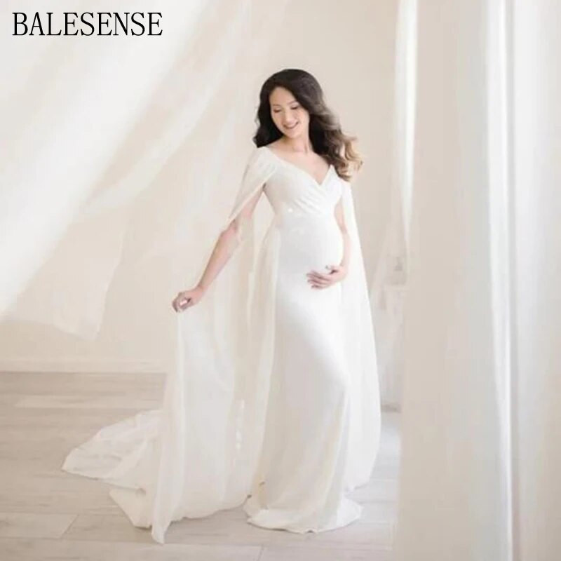 Κομψή φόρεμα εγκυμοσύνης Chiffon Flare Cape μανίκια φορέματα για φωτογράφιση Maxi υφασμάτινο φόρεμα εγκυμοσύνης φωτογραφίας για ντους μωρών
