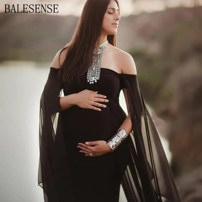 Κομψή φόρεμα εγκυμοσύνης Chiffon Flare Cape μανίκια φορέματα για φωτογράφιση Maxi υφασμάτινο φόρεμα εγκυμοσύνης φωτογραφίας για ντους μωρών