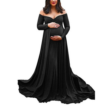 Рокля за бременни с отворени рамене за бебешко парти Рокля за фото реквизит Рокля за бременни жени с дълъг ръкав Макси рокля за бременни за фотосесия
