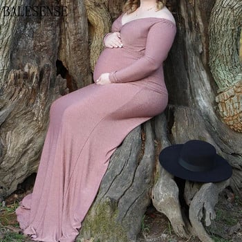 Φορέματα εγκυμοσύνης με πούλιες για φωτογράφιση μακριά μανίκια μακριά από τον ώμο με λεπτή εφαρμογή Maxi φόρεμα εγκυμοσύνης Φωτογραφία ντους μωρού