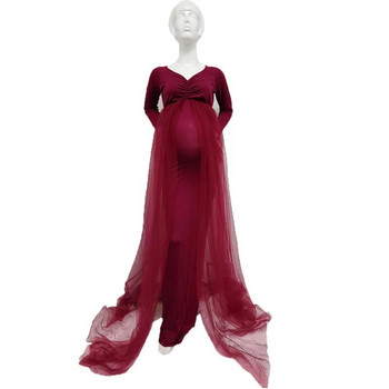 Κομψή φόρεμα εγκυμοσύνης από τούλι για φωτογράφιση εγκυμοσύνης με μακρύ μανίκι V λαιμόκοψη σιφόν τρένο Maxi Photography Φόρεμα Baby Shower