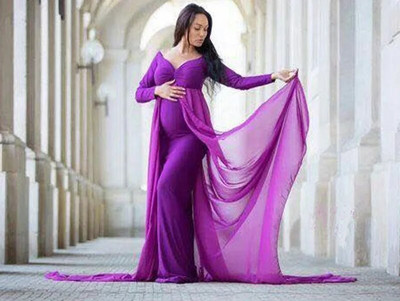 Eleganta grūtnieču kleita, tills kleita fotosesijai grūtniecības laikā ar garām piedurknēm V kakla šifona vilciena Maxi fotografēšanas kleita bērnu duša