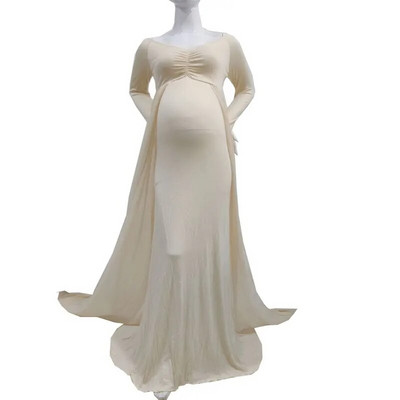 Eleganta grūtnieču kleita, tills kleita fotosesijai grūtniecības laikā ar garām piedurknēm V kakla šifona vilciena Maxi fotografēšanas kleita bērnu duša