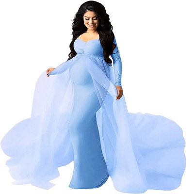 Eleganta grūtnieču kleita, tills kleita fotosesijai grūtniecības laikā ar garām piedurknēm V kakla šifona vilciena Maxi fotografēšanas kleita bērnu duša