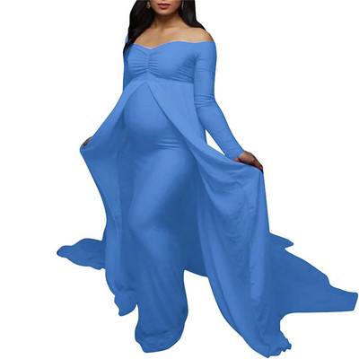 Eleganta grūtnieču kleita, tills kleita fotosesijai grūtniecības laikā ar garām piedurknēm V kakla šifona vilciena Maxi fotografēšanas kleita bērnu duša